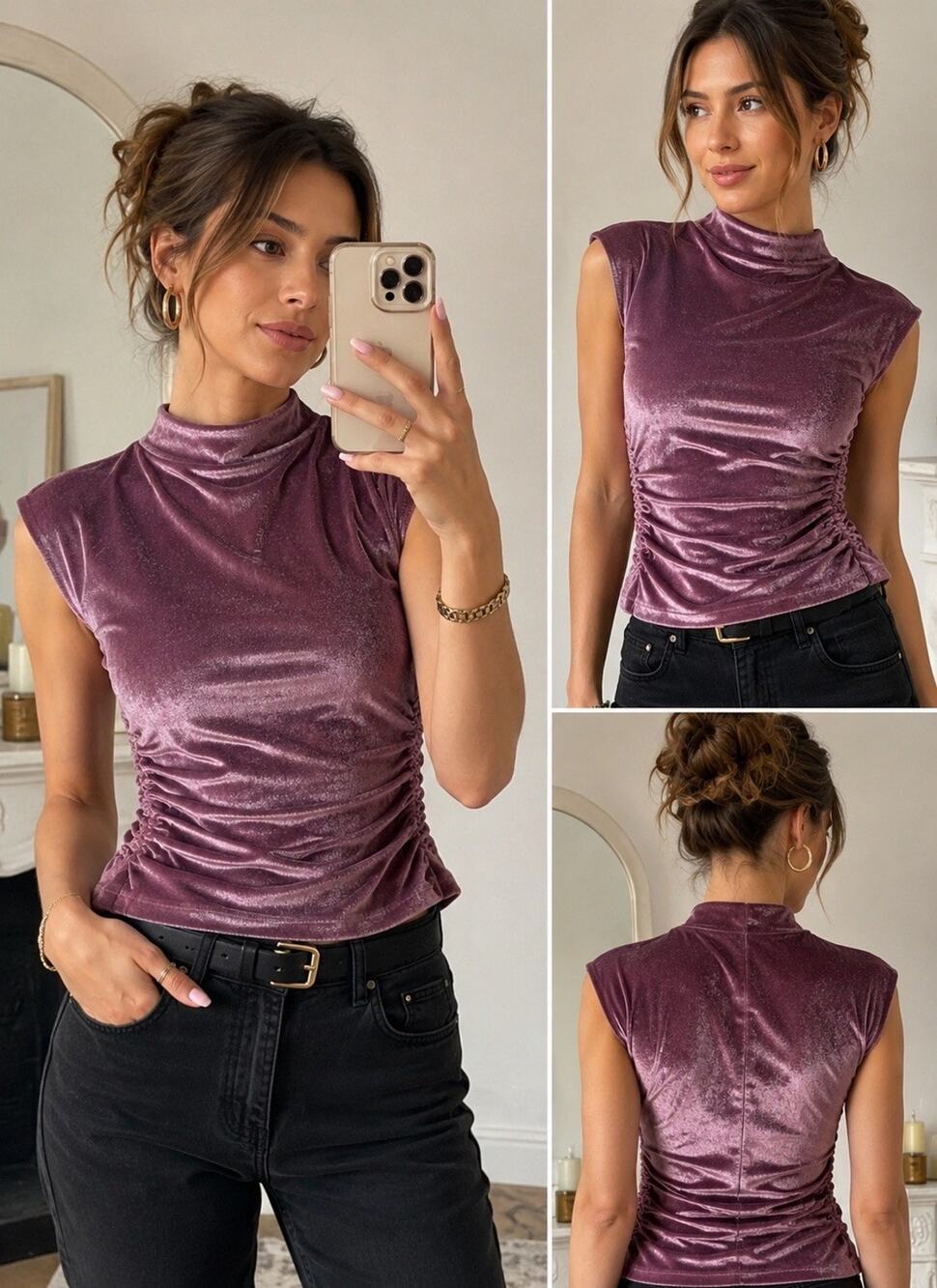 A New Day Velvet Mock Neck Sleeveless Blouse Purple XS Women Regular Size